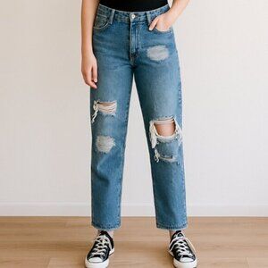 BDG Women's Medium Wash Blue High Rise Vintage Straight Leg Distressed Jeans 25